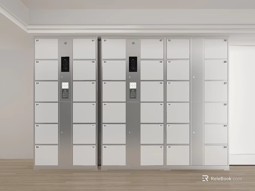 Modern Stainless Steel Storage Lockers With Digital Keypad Locks In Row Of Multiple Units 3d model 