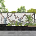 Modern Landscape Wall With Mountain Pattern Green Plants And Water Feature In Outdoor Garden