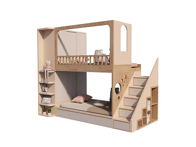 Modern Bunk Bed with Storage Stairs Guardrail and Bookshelves for Kids Room 3d model