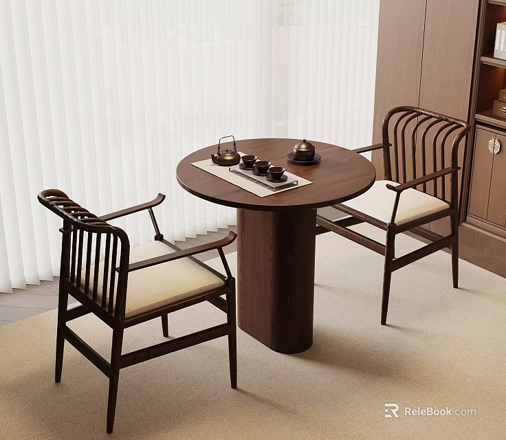 Chinese Style Solid Wood Tea Table with Round Top and Armchairs Featuring Light Cushions 3d model