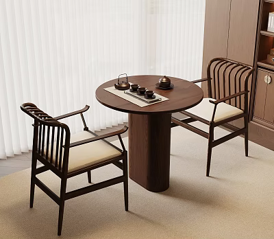 Chinese Style Solid Wood Tea Table with Round Top and Armchairs Featuring Light Cushions 3d model