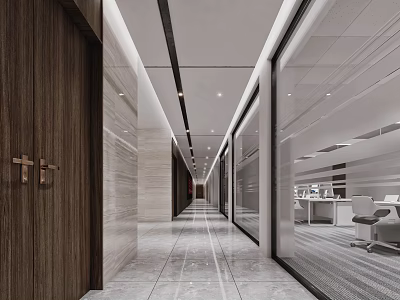 Modern Office Corridor Design With Glass Partitions Marble Flooring And Recessed Lighting 3d model
