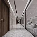 Modern Office Corridor Design With Glass Partitions Marble Flooring And Recessed Lighting