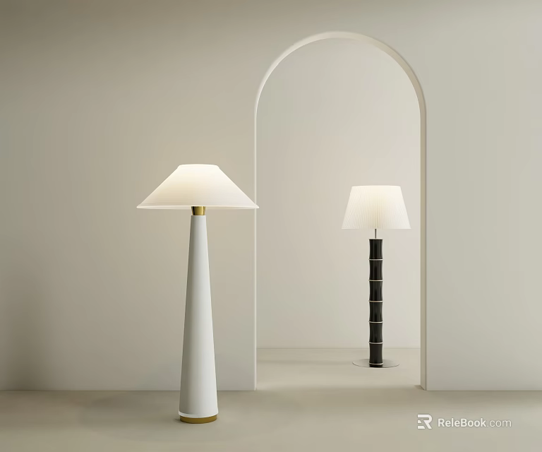 Modern Floor Lamps with White and Black Bases and White Shades in Arched Doorway Interior 3d model 