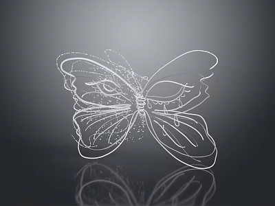 White Line Butterfly Design With Particle Effect On Gray Background And Reflection 3d model