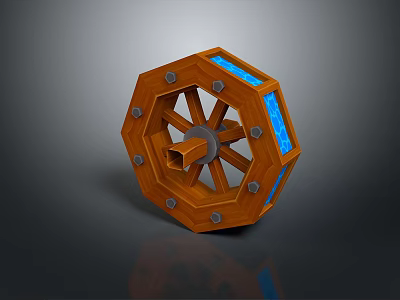 Wooden Octagonal Wheel Structure With Spokes Blue Transparent Panels And Metal Rivets 3d model