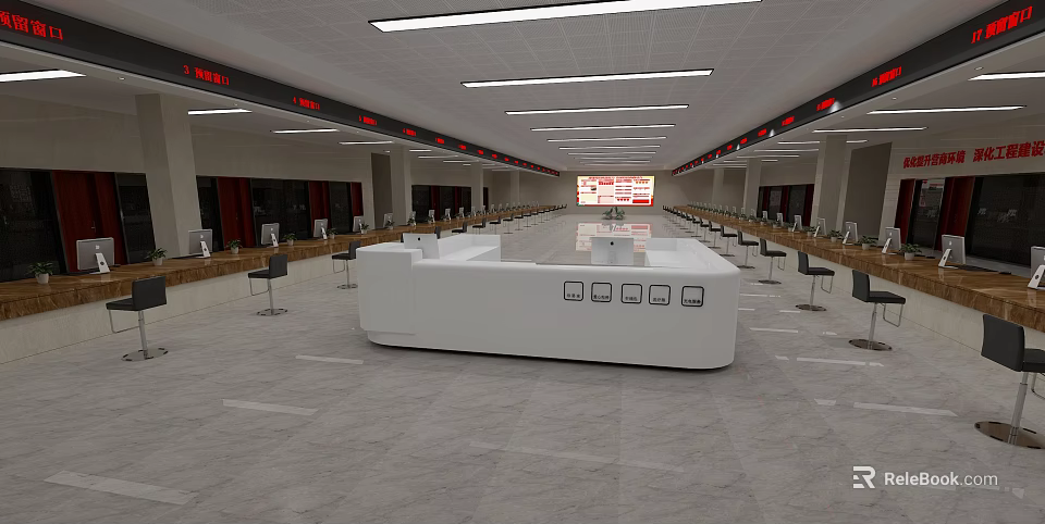 Modern Service Hall Interior Featuring White Counter Multiple Windows Neat Seats And Bright Lighting 3d model 