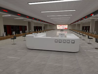 Modern Service Hall Interior Featuring White Counter Multiple Windows Neat Seats And Bright Lighting 3d model