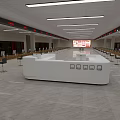 Modern Service Hall Interior Featuring White Counter Multiple Windows Neat Seats And Bright Lighting