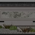 Traditional Chinese Landscape Wall with Marble Pattern Framed in Garden Courtyard and Pebbles Grass Plants