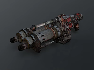 Vintage Industrial 3D Weapon with Multiple Cylindrical Barrels Metal Parts Red Accents and Mechanical Details 3d model