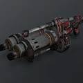 Vintage Industrial 3D Weapon with Multiple Cylindrical Barrels Metal Parts Red Accents and Mechanical Details