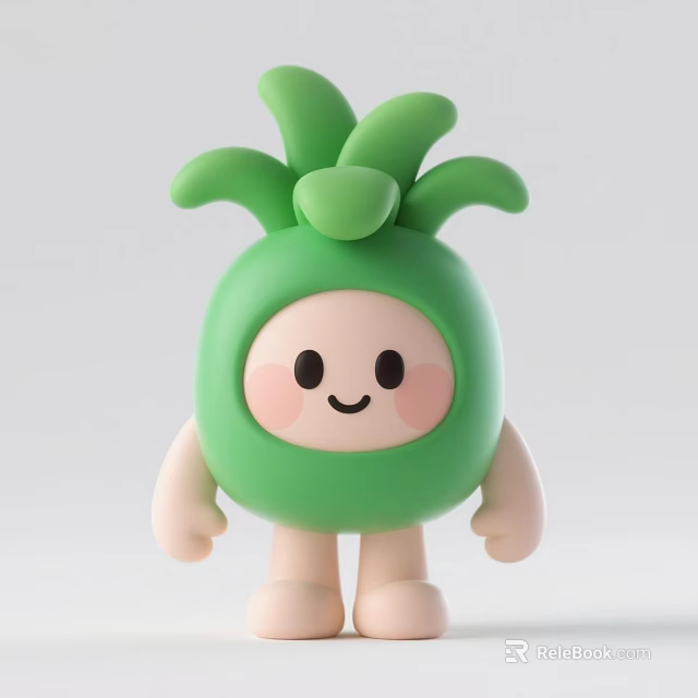 Cute Green Plant Hat Cartoon Decorative Ornament Set With Smiling Face 3d model 