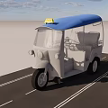 Electric Tricycle with Blue Canopy Yellow Warning Light Open Seats on Road