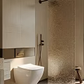 Modern Bathroom Interior Design With Stone Vanity Wall Mounted Toilet And Large Mirror