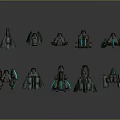 Sci Fi Game Movie Characters Mechanical Designs With Green Glowing Elements And Various Shapes