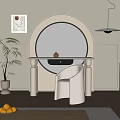Modern Beige Dressing Table With Round Mirror Wicker Chair And Potted Plant