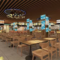 Restaurant Interior With Colorful Ceiling Design Wooden Stalls And Traditional Decorations