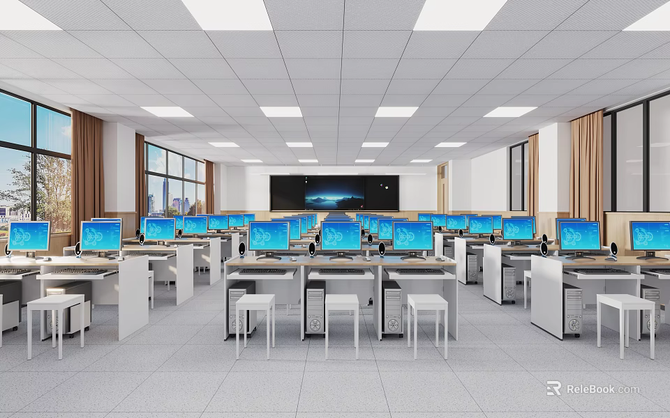School Bright Modern Computer Classroom With Multiple Computers And White Desks And Chairs 3d model