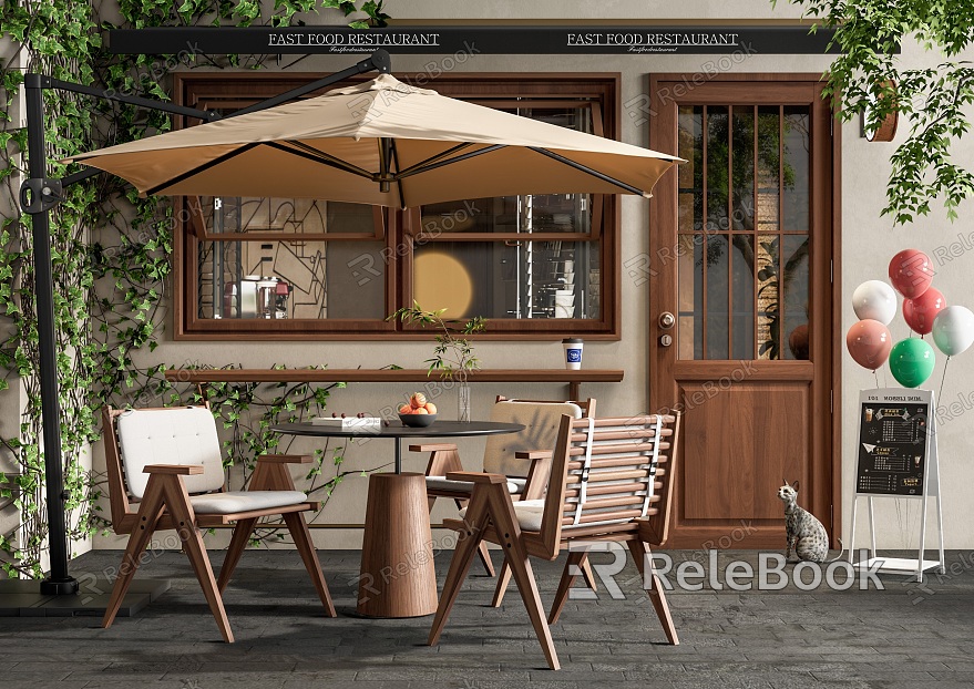 Qui Cafe Outdoor Tables and Chairs Leisure Tables and Chairs Sunshade Umbrella Folding Window Creeper Door Head model