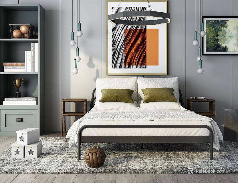 Modern Double Bed with Metal Frame Green Pillows and White Bedding in Stylish Bedroom Interior 3d model 