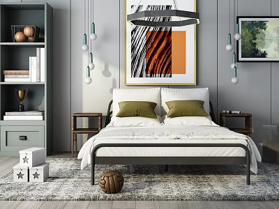 Modern Double Bed with Metal Frame Green Pillows and White Bedding in Stylish Bedroom Interior 3d model