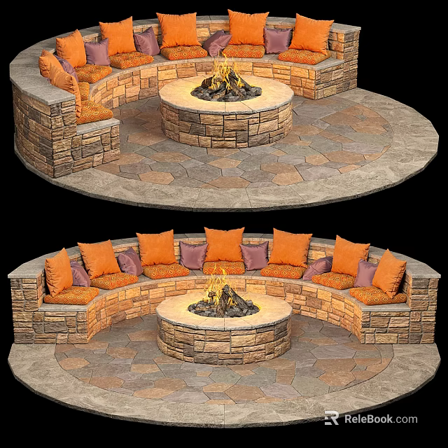 Outdoor Round Stone Sectional Sofa With Fire Pit And Cozy Cushions 3d model