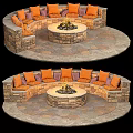 Outdoor Round Stone Sectional Sofa With Fire Pit And Cozy Cushions 3d model
