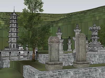 Traditional Ancient Pagoda Standing Among Green Trees And Historic Stone Structures 3d model