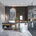 Modern Bathroom Interior Design With Marble Walls Round Mirror And Wooden Accents