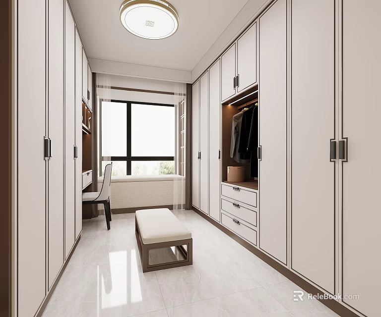 Modern Walk In Closet Interior Design With Cabinets Bench And Window 3d model