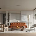 Modern Minimalist Living Room Interior Featuring Orange Sofa Wooden Coffee Table Armchair Floor Lamp And Potted Plant