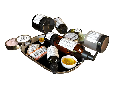 Perfume Cosmetics Collection With Glass Bottles Jars Labeled Liquid On Tray 3d model