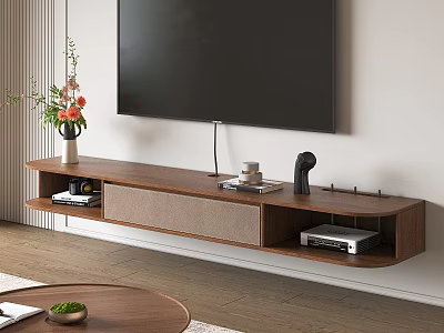 Modern Wooden TV Stand with Wall Mounted TV Vase Flowers Books and Media Player 3d model