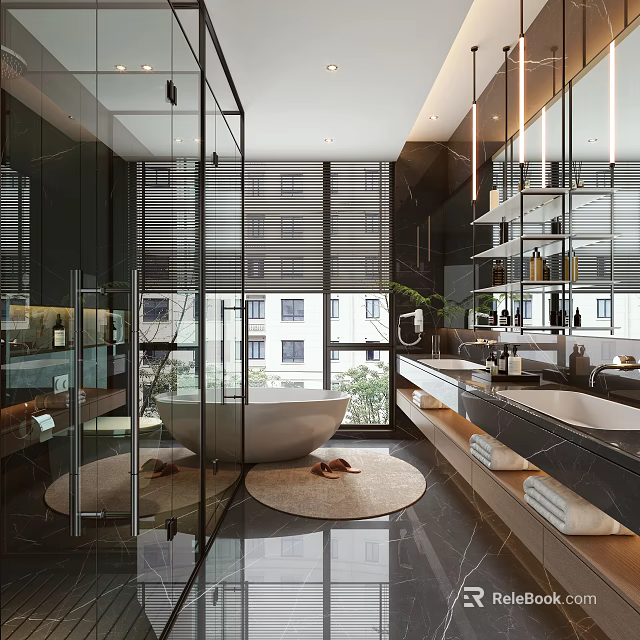 Modern Bathroom Interior With Glass Shower Freestanding Bathtub And Double Vanity Sinks 3d model 