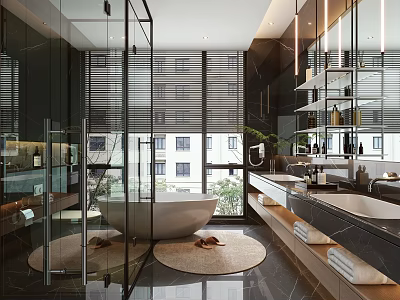 Modern Bathroom Interior With Glass Shower Freestanding Bathtub And Double Vanity Sinks 3d model