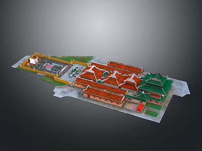 Traditional Ancient Chinese Architecture With Red Green Roofs Courtyard And Multiple Buildings 3d model