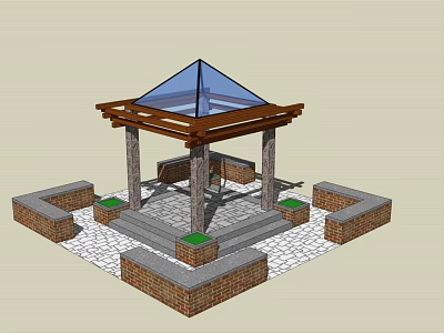 Wooden Landscape Pavilion Featuring Glass Pyramid Roof Stone Seats And Green Plants 3d model