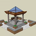 Wooden Landscape Pavilion Featuring Glass Pyramid Roof Stone Seats And Green Plants