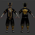 Character With Animal Horn Headpiece In Black Yellow Traditional Outfit And Emblem Design