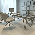 Modern Office Desk With Glass Top White Frame Computer Monitor Headphones And Mesh Organizer