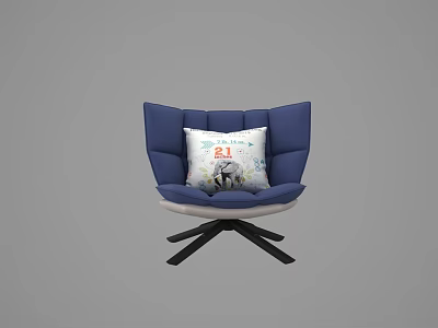 Stylish Blue Wingback Accent Chair With Decorative Printed Pillow And Black Rotating Base 3d model
