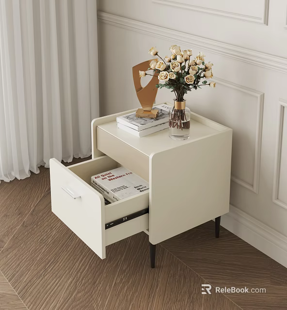 White Bedside Table with Open Drawer Containing Books and Vase of Flowers on Top 3d model 