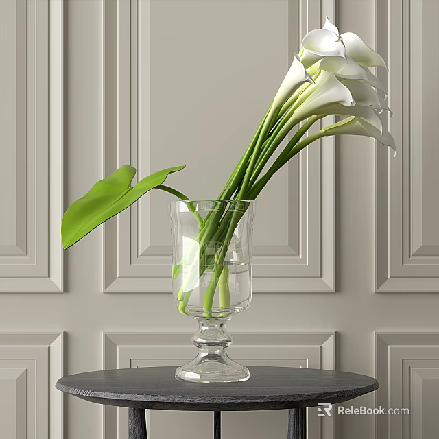 Tall Clear Glass Vase With White Calla Lilies Green Leaves On Table Against Paneled Wall 3d model 