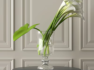Tall Clear Glass Vase With White Calla Lilies Green Leaves On Table Against Paneled Wall 3d model