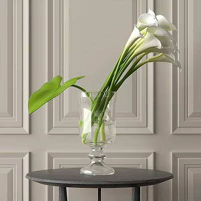 Tall Clear Glass Vase With White Calla Lilies Green Leaves On Table Against Paneled Wall 3d model