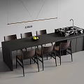 Modern Interior Dining Table And Chairs Set With Black Tabletop Brown Chairs Marble Countertop Cabinet