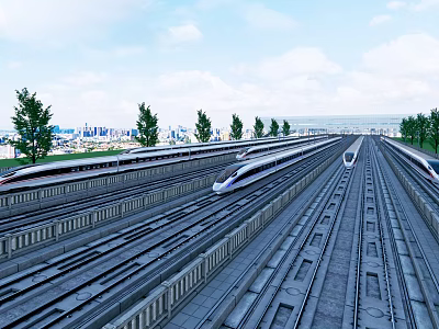 High Speed Trains Running Along Multiple Rail Tracks with Green Trees and Clear Sky View 3d model