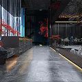 Luxurious Modern Clubhouse Interior With Blue Decorative Wall Red Maple Plant And Water Feature