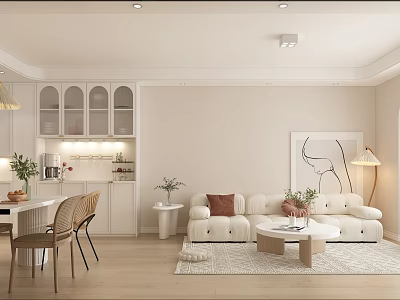 Modern Living Dining Room Interior With White Sofa Dining Table Chairs And Cabinets 3d model